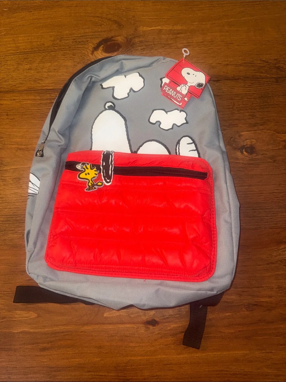 Peanuts Kids Backpack in Gray and Red with Snoopy & Woodstock